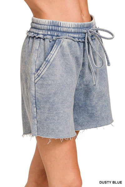 Dusty Blue Acid Wash Fleece Drawstring Shorts With Pockets