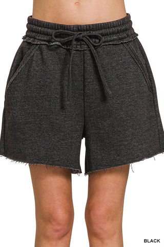 Black Acid Wash Fleece Drawstring Shorts With Pockets