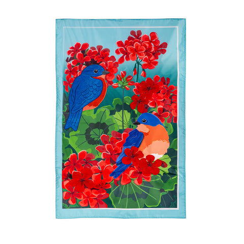 Bluebird in Red Geraniums Applique House Flag