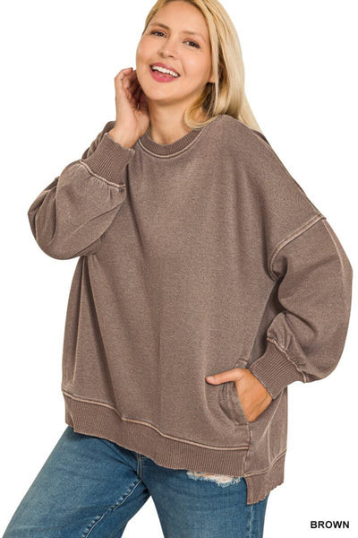 Brown Fleece Hi-low Hem Top Plus