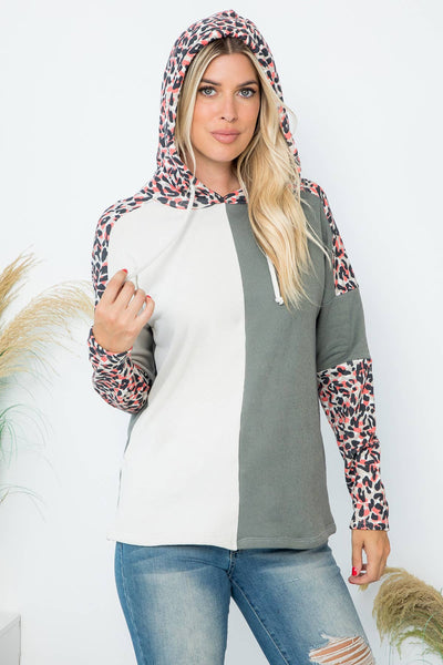 Olive Pink leopard contrast hoodie top