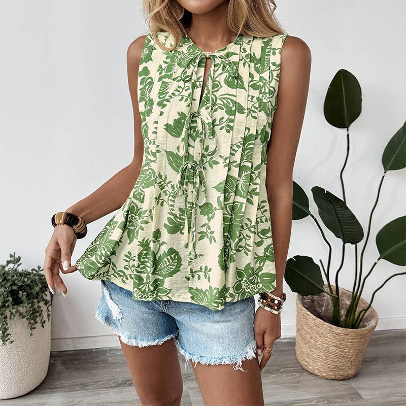 Green Floral Tie-Front Sleeveless Top