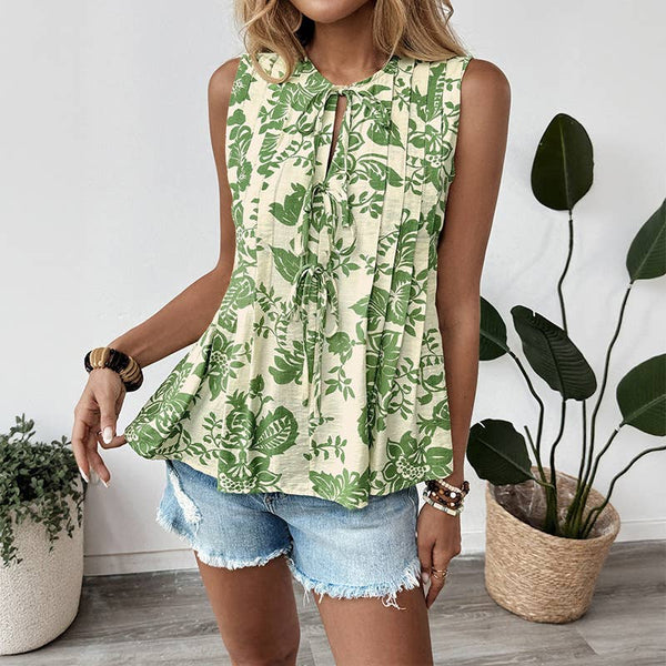 Green Floral Tie-Front Sleeveless Top
