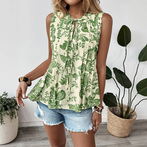 Green Floral Tie-Front Sleeveless Top