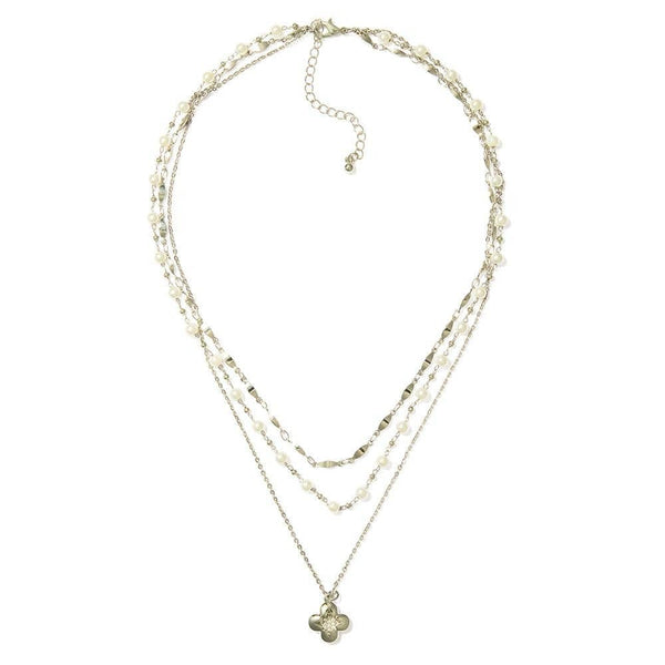 Silver layered clover and pearl necklace