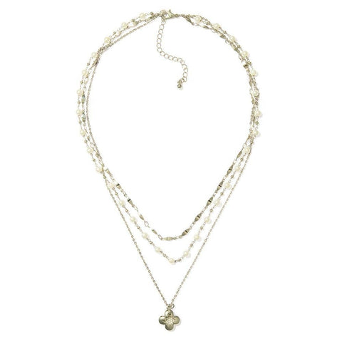 Silver layered clover and pearl necklace