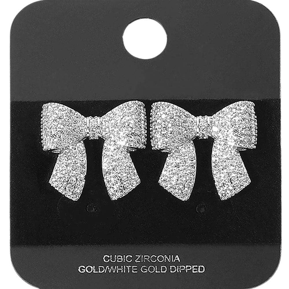 Gold Dipped CZ Stone Paved Bow Stud Earrings