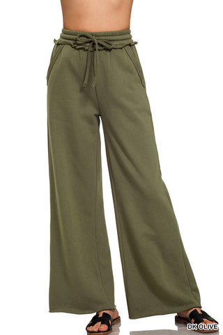 Dark Olive Fleece Wide Leg Sweatpants