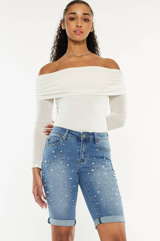 KanCan Pearl studded front Bermuda Short