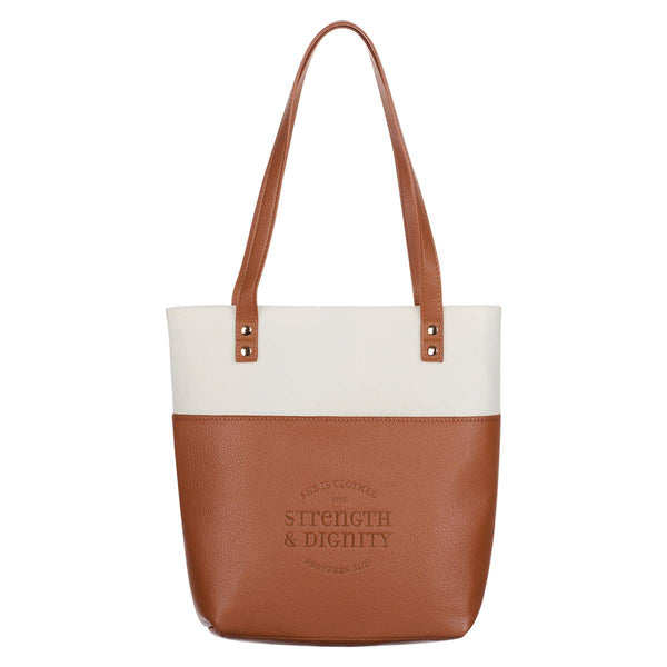 Cream Toffee Bible Tote Strength & Dignity Prov. 31:25