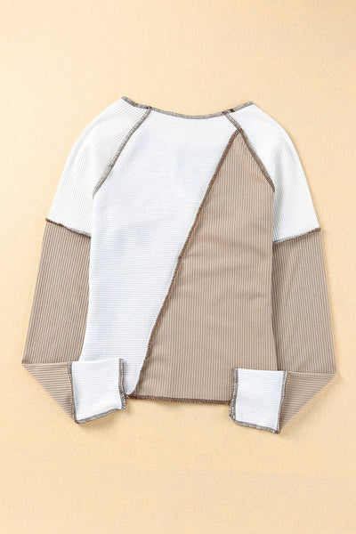 Khaki White Irregular Color Block Top