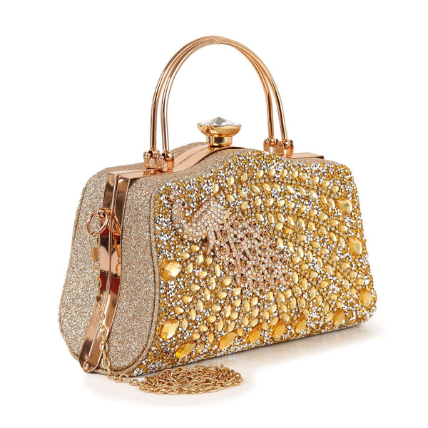 Gold Decorative Peacock Accented Evening Bag