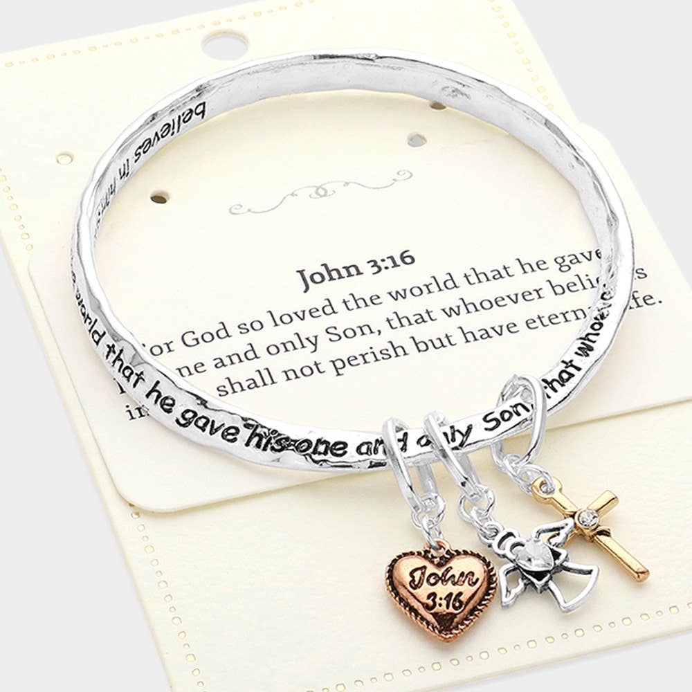 John 3:16 Heart Angel Cross Charm Bangle Bracelet