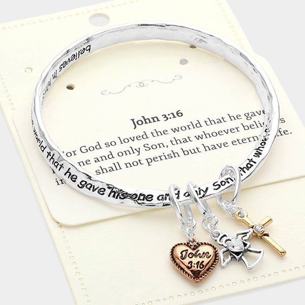 John 3:16 Heart Angel Cross Charm Bangle Bracelet