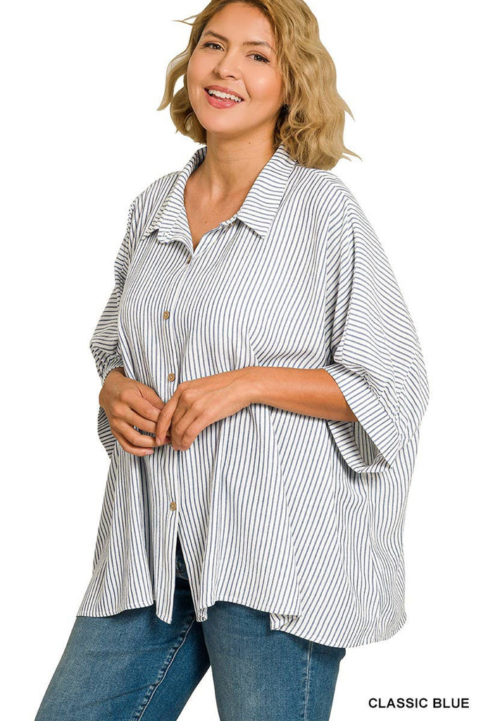 Blue Stripe Button Down Boxy Top Plus