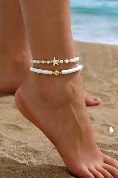 Starfish Shell Pearl Decor Beaded Double Layer Anklet