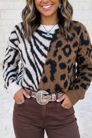 Leopard Zebra Print Round Neck Sweater