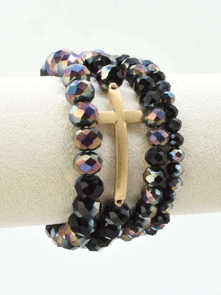 Black AB Bead Cross Charm Bracelet Set