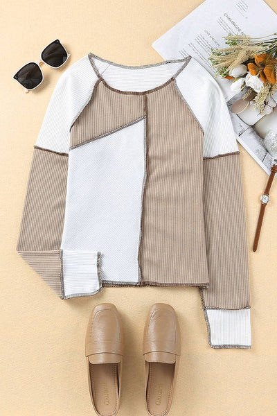 Khaki White Irregular Color Block Top