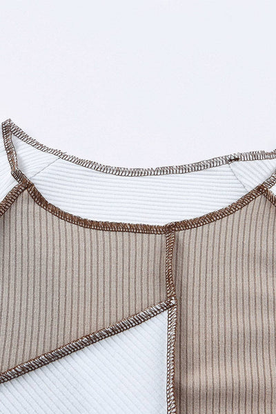 Khaki White Irregular Color Block Top
