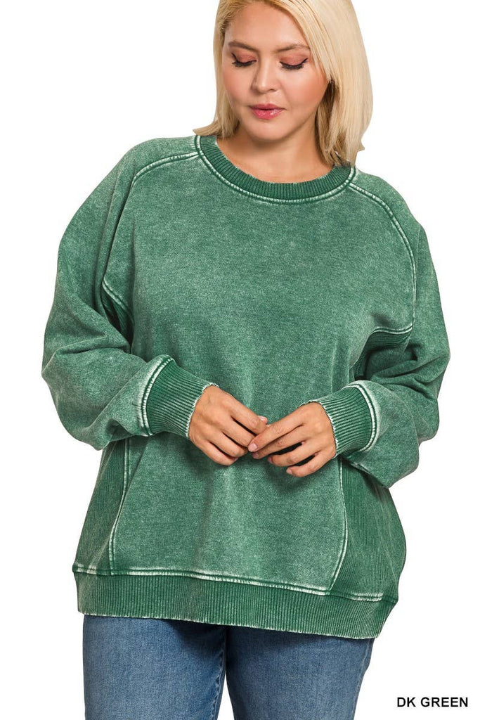 Green Acid Washed Fleece Sweatshirts Plus