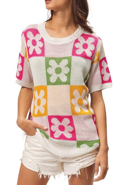 Flower Checker Pattern Lightweight Sweater Top