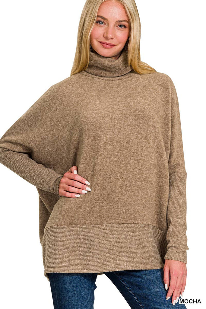 Mocha Brown Brushed Melange Hacci Turtleneck Sweater