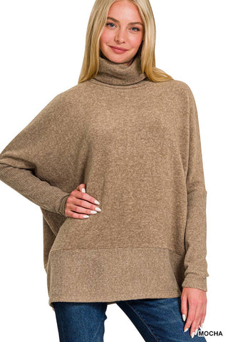 Mocha Brown Brushed Melange Hacci Turtleneck Sweater