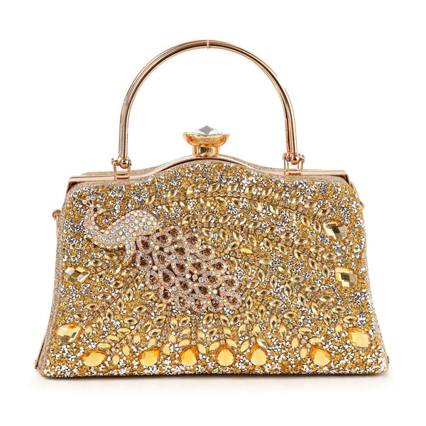 Gold Decorative Peacock Accented Evening Bag