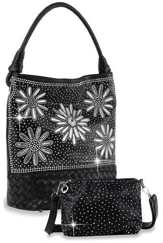 Black Daisy Rhinestone Tall Handbag Set