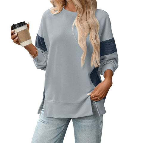 Gray Blue Color-block Pullover Sweatshirt Plus