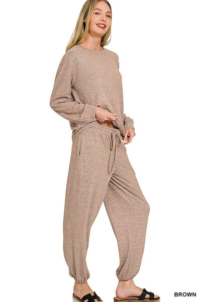 Brown Soft Melange Hacci Top And Joggers Set