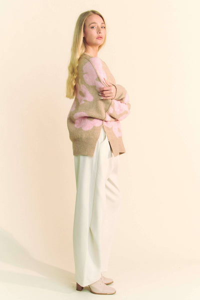Beige Pink Floral Sweater Plus