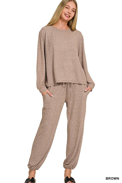 Brown Soft Melange Hacci Top And Joggers Set