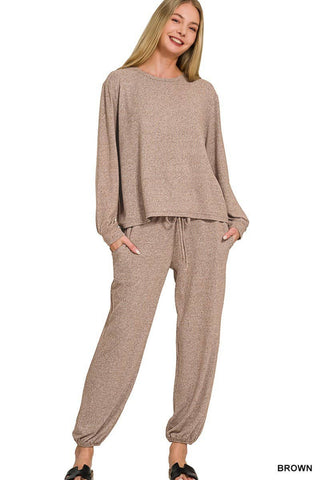 Brown Soft Melange Hacci Top And Joggers Set