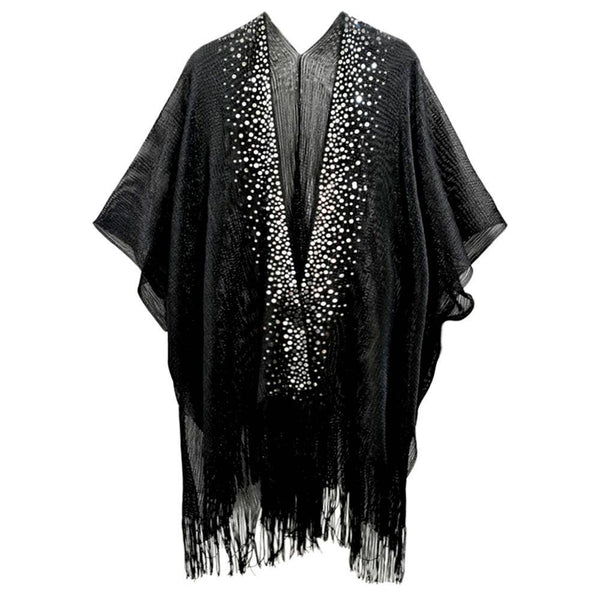 Sequin Embellished Front Fringe Trim Kimono