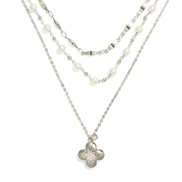 Silver layered clover and pearl necklace