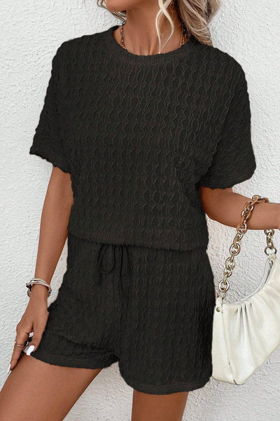 Black Textured Top and Shorts Set