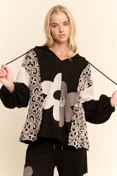 Black oversized flower hoodie top
