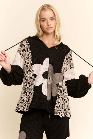 Black oversized flower hoodie top