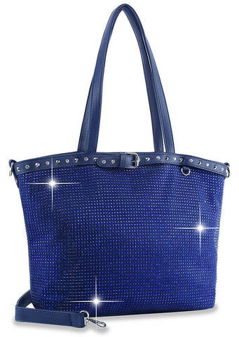 Blue Belted Rhinestone Covered Tote Handbag