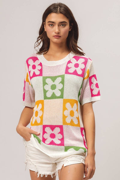 Flower Checker Pattern Lightweight Sweater Top