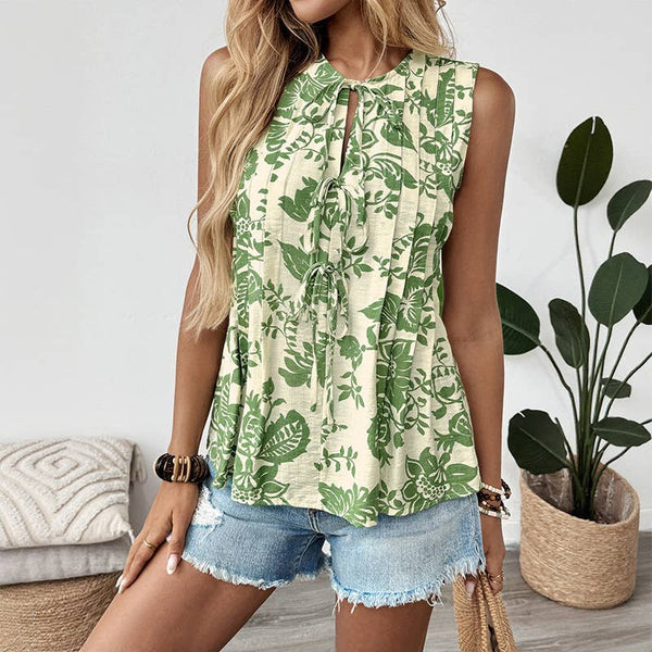 Green Floral Tie-Front Sleeveless Top