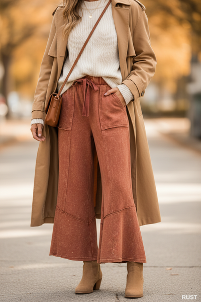 Rust Exposed-seam Flare Hem Pants With Pockets