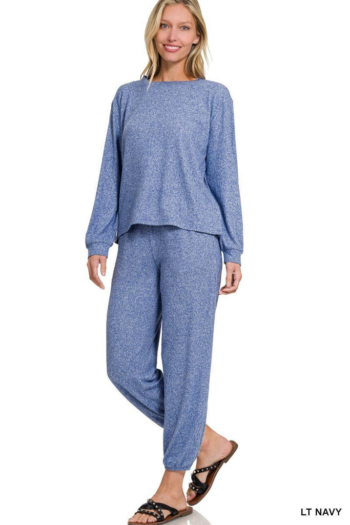 Blue Melange Hacci Top And Joggers Set