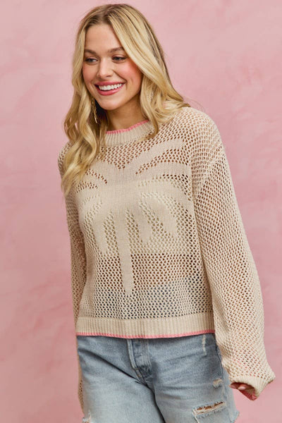 Palm Tree Open Knit Sweater Top