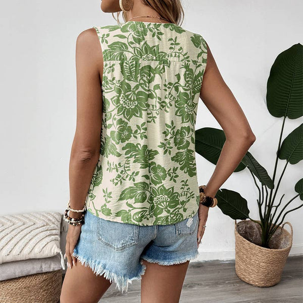 Green Floral Tie-Front Sleeveless Top