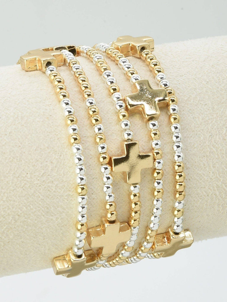 Silver Gold 5 Piece Cross Beaded Bracelet Set