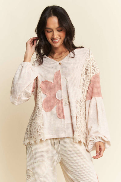 BEIGE PINK flower hoodie top