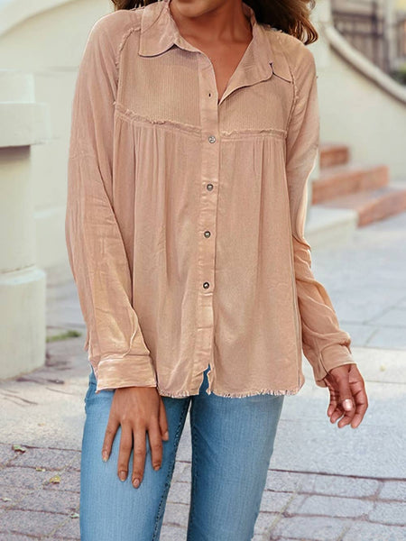 French Beige Waffle Frayed Hem Shirt